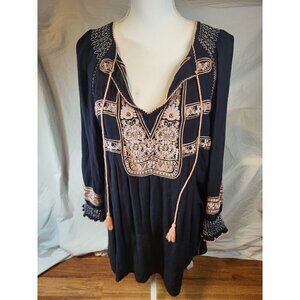 Free‎ People Wind Willow Embroidered Boho Tassel Black Dress OB770136 Size XS